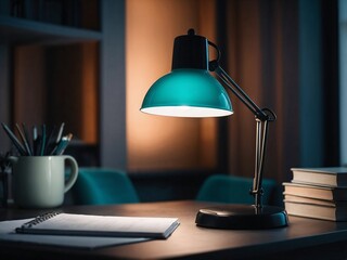 Modern transformative teal desk lamp glowing softly 