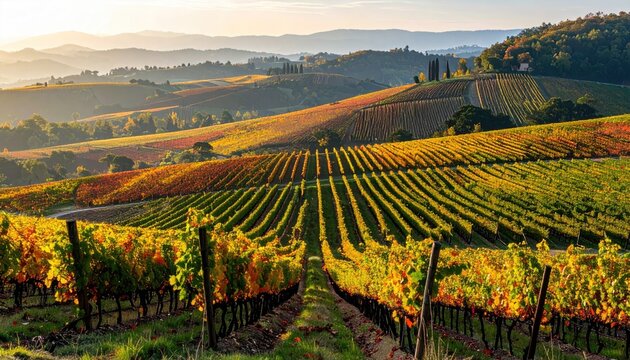 Golden Autumn Vineyard Landscape at Sunrise with Rolling Hills and Warm Light - Powered by Adobe