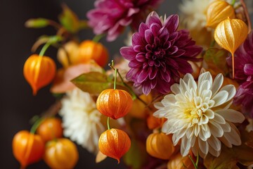 A vibrant arrangement of flowers and decorative gourds in warm autumn hues, showcasing nature's beauty and seasonal charm.