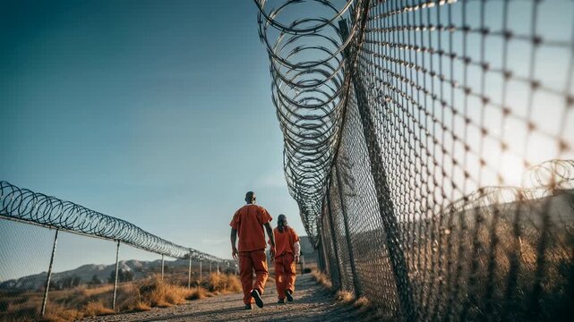 Man walking along prison fence under sunlight, visual story of hope, freedom and time passing