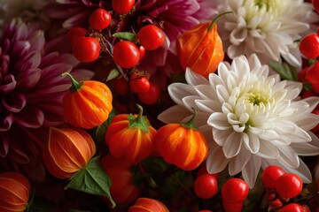 A vibrant arrangement of colorful flowers and fruits, showcasing a mix of textures and hues, creating a visually appealing natural display.