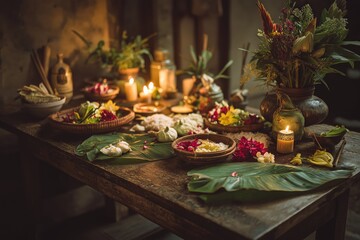 A beautifully arranged table with flowers, candles, and decorative elements, creating a serene, inviting atmosphere.