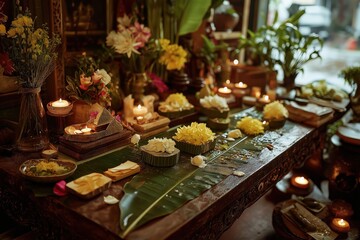 A vibrant altar adorned with flowers, candles, and offerings, creating a serene atmosphere for meditation or spiritual rituals.