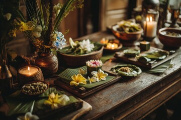 A beautifully arranged table featuring candles, flowers, and natural elements, creating a serene and inviting atmosphere.