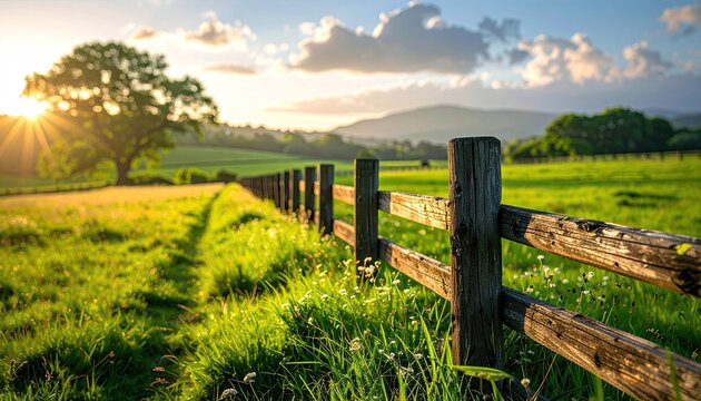 Golden Hour Sunlight Streams Across a Rustic Wooden Fence Bordering a Lush Green Meadow Under a Dramatic Sky of Cumulus Clouds