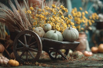 A rustic wooden cart filled with colorful pumpkins and vibrant flowers, creating a warm, autumnal scene.