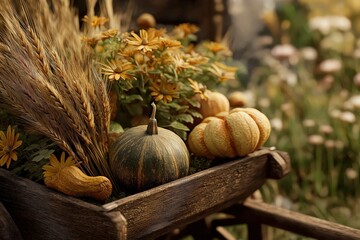 A rustic wheelbarrow filled with pumpkins, gourds, and vibrant flowers, set against a blurred garden background, evoking a warm autumn atmosphere.