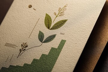 A detailed, artistic representation of green leaves and plant elements arranged on textured paper, creating a natural and organic aesthetic.