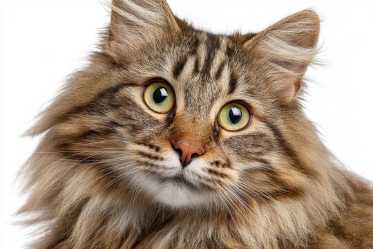Close-up portrait of a longhaired tabby cat with expressive eyes looking directly at the camera. - Powered by Adobe