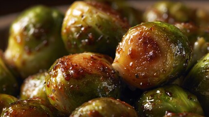 A macro shot of caramelized brussels sprouts, glistening glaze, shallow depth of field