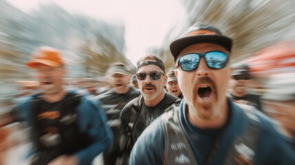 A dynamic scene of enthusiastic runners in motion, capturing the excitement and energy of a race with blurred backgrounds and expressive faces.