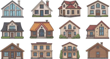 Fototapeta premium Collection of twelve diverse architectural styles of charming residential houses and cottages isolated on white background