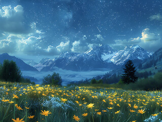 Field of yellow flowers beneath starry sky and snowy mountains