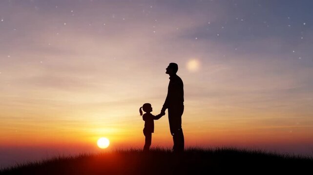 Silhouette of father and daughter holding hands at sunset, family love concept