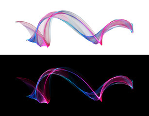 Colorful pink and blue light waveforms on white and black backgrounds with smooth curves and transparency for dynamic compositions.