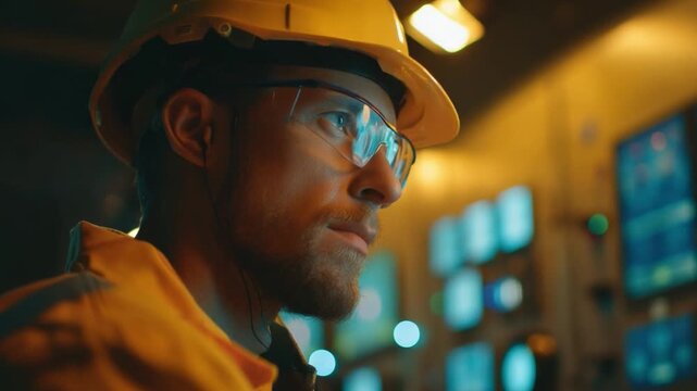 Focused Vision: A dedicated engineer, adorned in safety attire, gazes intently ahead, embodying diligence and expertise within an industrial setting.