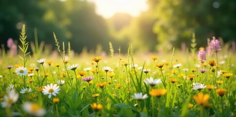 Obraz premium A sprawling meadow bursting with wildflowers, sunlight dappling through tall grasses Perfect for idyllic, nature-themed projects Peaceful, serene summer scene , idyllic, calm