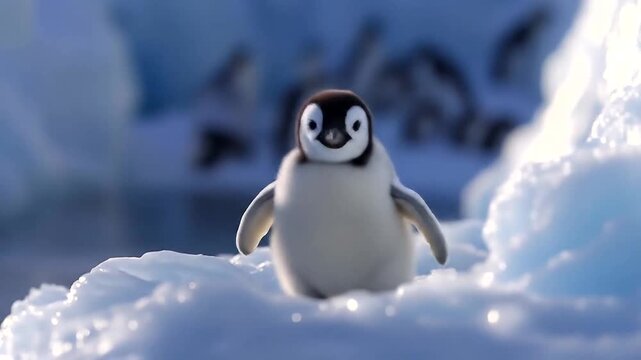 Adorable baby penguin waddles through snowy landscape
