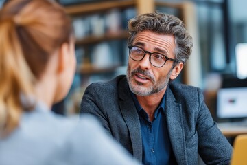 A professional man engages in a conversation with a colleague, showcasing a thoughtful discussion in a modern office environment.