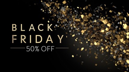 A festive graphic promoting Black Friday sales with the text "50% OFF" and sparkling golden confetti on a dark background.
