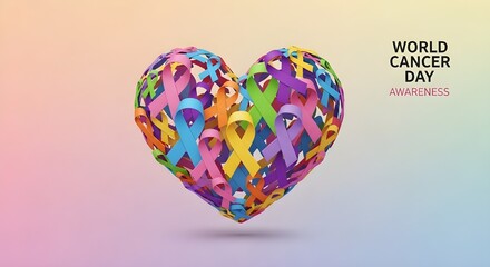 A 3D heart formed from colorful awareness ribbons highlighting World Cancer Day and the message of support, hope, and unity on a soft gradient background.
