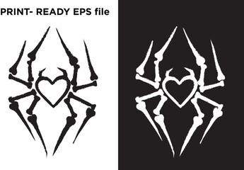 Distressed vector design of a spider with a heart-shaped body and sharp, skeletal legs, presented in stark black and white, conveying dark romance, edgy Halloween, alternative aesthetics, and graphic 