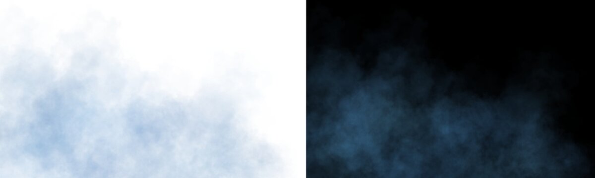 Blue smoke or mist with soft diffusion and gradient transparency on isolated background for atmospheric compositions