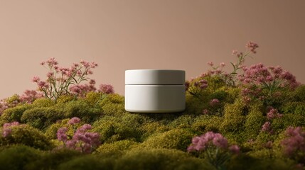 A minimalistic skincare jar sits atop lush moss with delicate pink flowers, creating a serene and natural aesthetic.