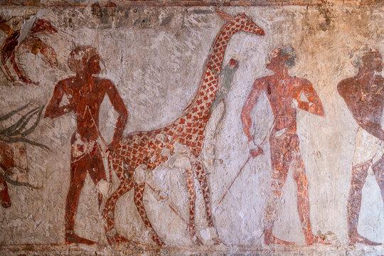 Ancient Egyptian Wall Painting of a Giraffe and Monkey in the Tomb of Rekhmire