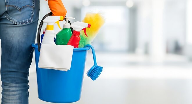 Person holding a bucket full of cleaning supplies in a bright environment