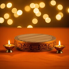 Diwali Celebration: Lit Diyas Decorative Box and Festive Bokeh Lights.