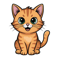 Obraz premium A cute cartoon cat with big green eyes and orange stripes, the cat is sitting down and smiling, looking happy and content