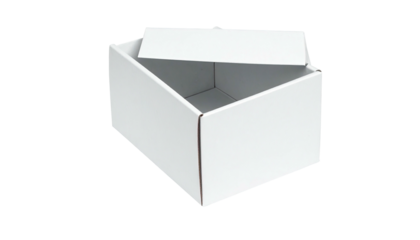 Simple open white cardboard box on black background, lid partially up