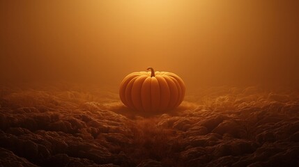 A solitary pumpkin glows against a misty, atmospheric backdrop, evoking a sense of autumn and mystery.