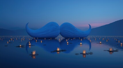 A surreal artwork featuring two large blue mustaches on water, surrounded by glowing candles and lily pads, under a twilight sky.