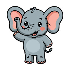 Naklejka premium Adorable gray elephant cartoon waving, cute animal with friendly gesture, cheerful character for childrens illustration