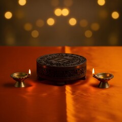 Diwali Celebration: Lit Diyas and Incense Burner on Orange Surface.