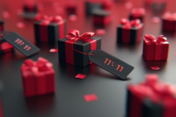 Colorful wrapped gifts with red ribbons and black tags, featuring the number 11:11, create a festive and whimsical atmosphere.