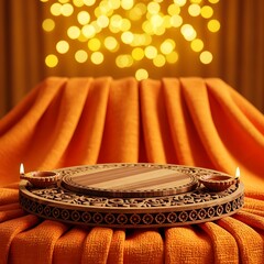 Diwali festive background with decorative tray, bokeh lights and warm golden tones