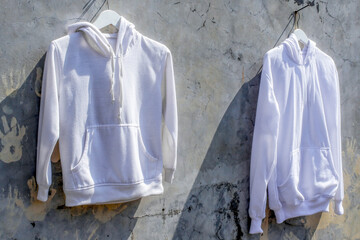 Two Stylish White Hoodies Hanging Against Textured Gray Concrete Wall