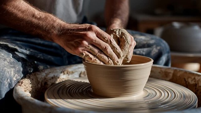 Close-up of a potter shaping clay on a pottery wheel in a quiet workshop