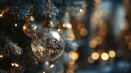 A clear glass bauble with gold glitter snowflakes hangs on a blue-green fir tree branch with warm glowing bokeh lights in the background - Powered by Adobe