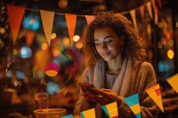 A woman with curly hair smiles while looking at her phone, surrounded by colorful decorations and soft, ambient lighting.