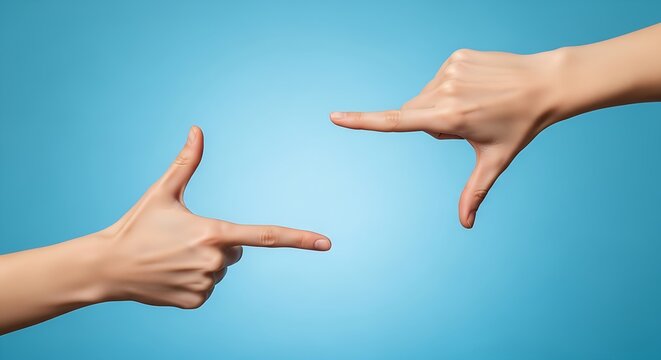 Hands framing a shot on a blue background, creating a rectangular shape