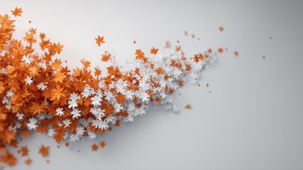 A dynamic arrangement of orange and white flowers cascading across a minimalist background, evoking a sense of movement and seasonal change.