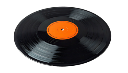 Shiny black vinyl record with a central orange label on black
