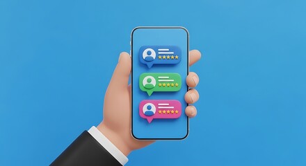 3D Rendered Hand Holding Smartphone with Customer Review Notification Messages