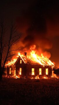 Burning house at night flames erupting from structure against dark sky