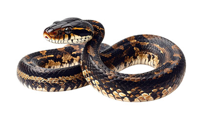 Fototapeta premium Coiled black and brown spotted snake on solid dark background