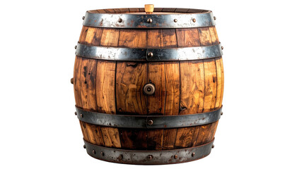 Obraz premium Wooden barrel with metal hoops, against a plain dark backdrop